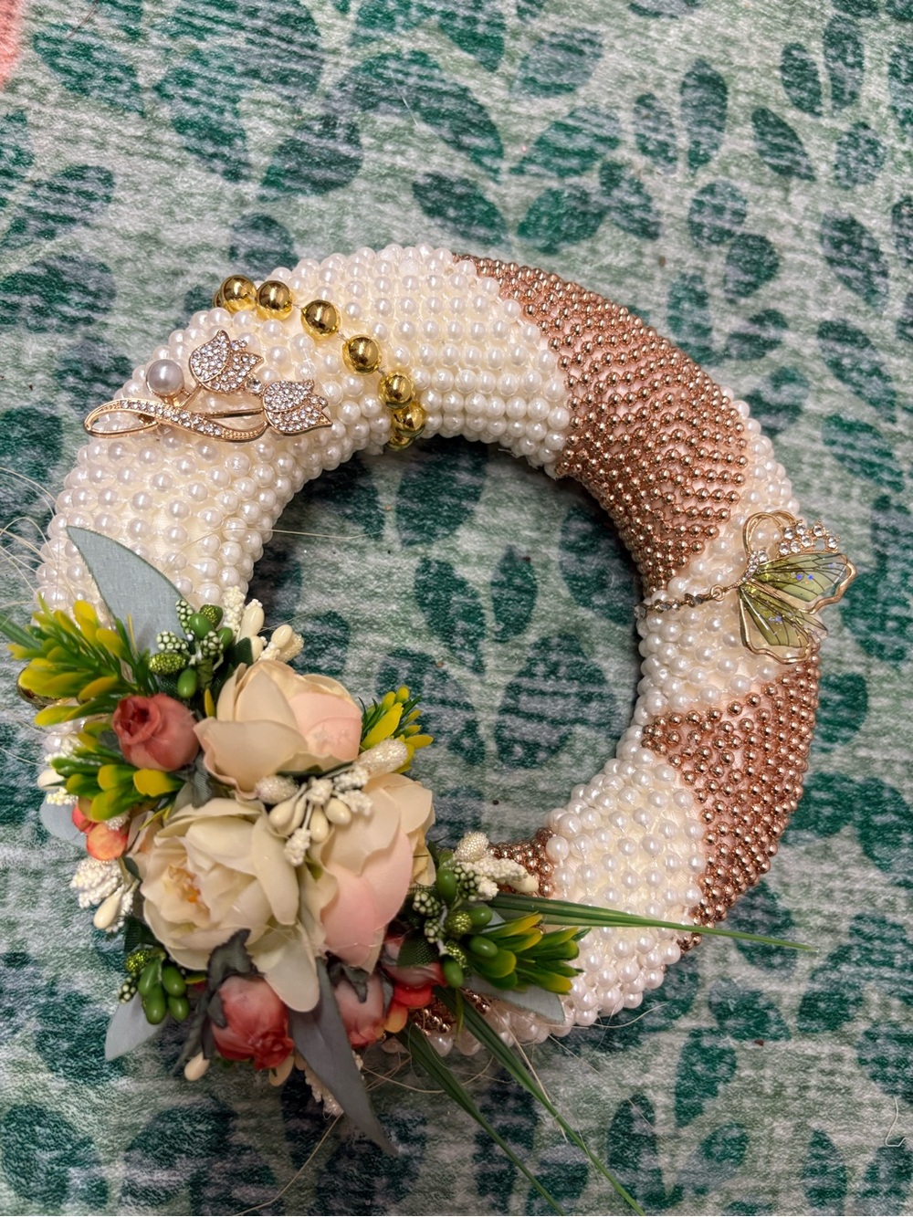 Pearl & Rose Gold  Pearl Beaded Floral Wreath